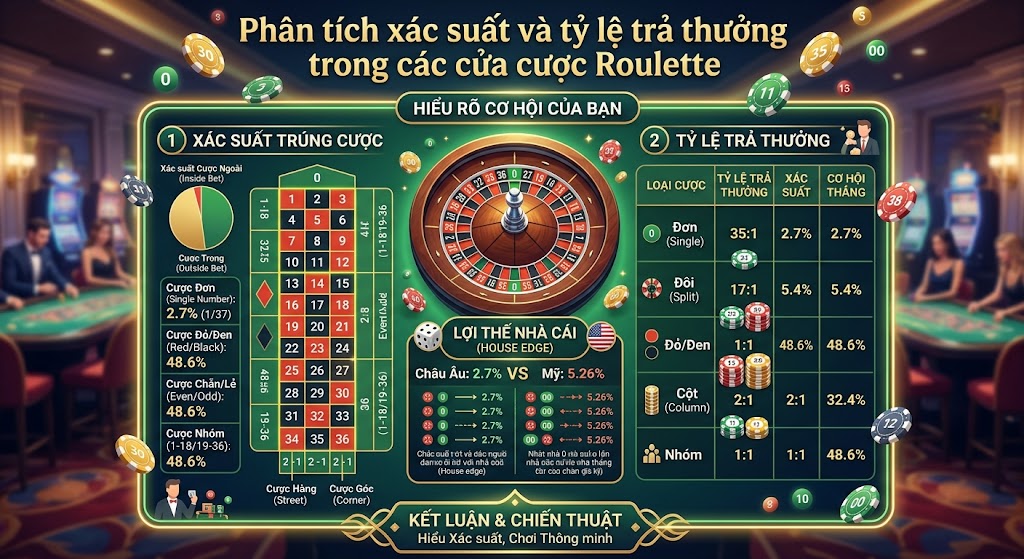 Phân tích xác suất và tỷ lệ trả thưởng trong các cửa cược Roulette